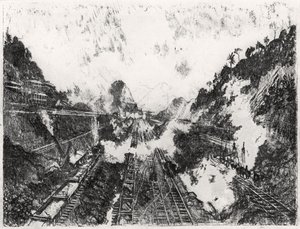 Cięcie Patrząc w stronę Ancon Hill, płyta XVII z Kanału Panamskiego Josepha Pennella, 1912 (węgiel na papierze) autorstwa Joseph Pennell
