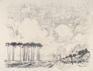 Obóz zaokrętowania, klasyczny zagajnik, 1917. autorstwa Joseph Pennell