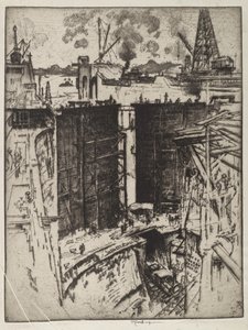 Brama Strażnicza, śluza Gatun, Panama, 1912 (akwaforta na papierze) autorstwa Joseph Pennell