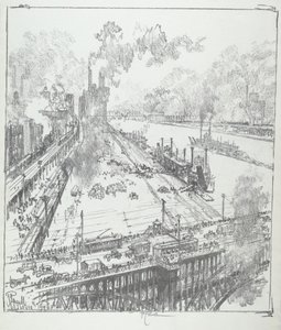 Grobla z mostu Eads, St. Louis, 1919. autorstwa Joseph Pennell