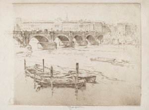 Most Waterloo i dom w Somerset autorstwa Joseph Pennell