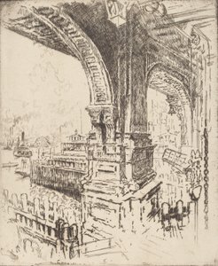 W obrębie promu, Cortlandt Street, Nowy Jork, 1919. autorstwa Joseph Pennell