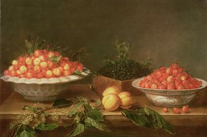 Martwa natura z owocami w porcelanowych naczyniach i drewnianym pudełku
