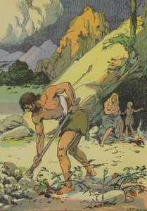 Adam uprawiający ziemię po wygnaniu z rajskiego ogrodu (kolorowa litografia)