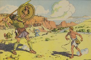 Dawid i Goliat (kolorowa litografia) autorstwa Joseph Porphyre Pinchon