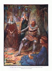 W nocy, kiedy zbierali się wokół ognisk, król czytał historie ze starych ksiąg., 1910 autorstwa Joseph Ratcliffe Skelton