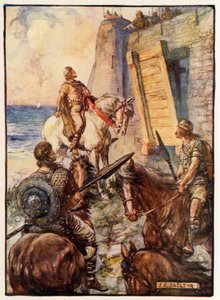Lady Macduff odmówiła Makbetowi wstępu, podczas gdy jej mąż ucieka drogą morską autorstwa Joseph Ratcliffe Skelton