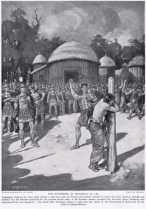 Biczowanie Boadicei, ilustracja z „Historia narodów Hutchinsona”, c.1910 autorstwa Joseph Ratcliffe Skelton