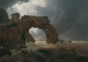 Burza morska w Arco di Miseno w pobliżu Miliscola z widokiem na Nisida