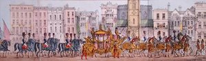 Panoramiczne przedstawienie Królewskiego Postępu Królowej Wiktorii przez City of London w dniu 9 listopada 1837 r. (lito) (szczegół) autorstwa Joseph Robins
