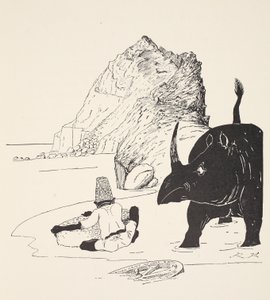 Parsee zaczyna jeść ciasto na bezludnej wyspie, ilustracja z „Takie historie dla małych dzieci” Rudyarda Kiplinga, pub. Londyn, 1951