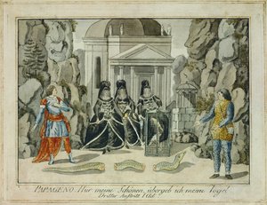 Tamino i Papageno z trzema damami ... (rycina) autorstwa Joseph Schaffer