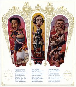 Karykatury: Cesarz Japonii Meiji; Maurice Barres, francuski pisarz i polityk nacjonalistyczny; Jean Jaures, francuski polityk (kolor lito)