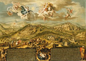 Widok Betlejem z Podróżą Trzech Króli, Trójcą na górze i Narodzenia Pańskiego w malowanym kartuszu na dole, 1752 autorstwa Joseph Stephan