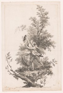 Mężczyzna i kobieta w objęciach w kapeluszu pełnym winogron Jesień Cztery pory roku (tytuł serii) autorstwa Joseph Wagner (possibly)