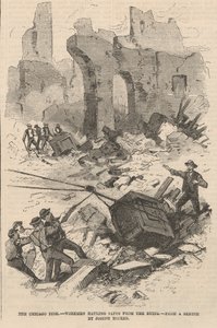 Robotnicy wyciągający sejfy z ruin, ilustracja z gazety ilustrowanej Frank Leslies, 1871 autorstwa Joseph after Becker