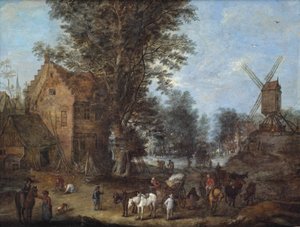 Scena wioski z podróżnymi i woźnicami oraz wieloma innymi postaciami wykonującymi swoje codzienne czynności autorstwa Joseph van Bredael