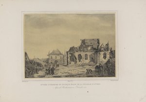 Poort en kerk w de Citadel van Antwerpen, 1832 Wejście wewnętrzne i stary kościół Cytadeli w Antwerpii. Po bombardowaniu w grudniu 1832 (tytuł na obiekcie) Album siedmiu widoków ruin wnętrza Cytadeli Antwerpii (tytuł serii) autorstwa Joseph van den Nest