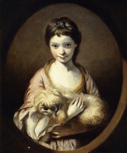 Portret panny Emilii Vansittart, pół długości, w różowo-białej sukience trzymającej psa, c.1767-68 autorstwa Joshua Reynolds