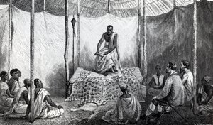 Pierwsza lekcja Kamrasiego w Biblii, ilustracja z „Dziennika odkrycia źródła Nilu” autorstwa Johna Hanninga Speke, opublikowanej w 1864 roku