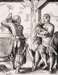 Rzeźnik i jego asystent, reprodukcja XVI-wiecznej ryciny autorstwa Josta Ammana (1539-91) z „Le Moyen Age et La Renaissance” Paula Lacroix (1806-84), opublikowana w 1847 r. (litho) autorstwa Jost (after) Amman