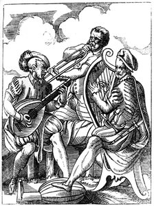 Gitarzysta, lutnista i puzonista, XVI w. 1849 r. autorstwa Jost Amman