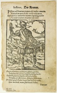 Der Kramer (The Peddler) z De omnibus illiliberalibus sive mechanicis artibus Hartmanna Schoppera, płyta 50 z Drzeworytów z ksiąg XVI w. autorstwa Jost Amman