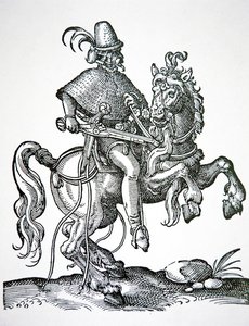 Koń żołnierz z pistoletem z blokadą kół, ilustracja z „Kunstbuchlin” autorstwa Jost Amman