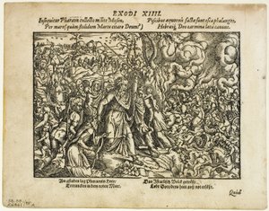 Przejście nad Morze Czerwone (recto) i Pogrzeb Jakuba (verso) z Neuwe Biblische Figuren, tablica 48 z Drzeworytów z ksiąg XVI w. autorstwa Jost Amman