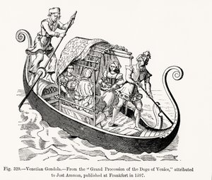 Gondola wenecka, z Wielkiej Procesji Dożów Wenecji, ilustracja z Nauki i literatury w średniowieczu i renesansie, napisana i rytowana przez Paula Lacroix, 1878 (