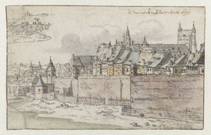Widok na mury Maastricht z Onze-Lieve-Vrouwekerk w tle