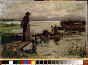„Na brzegu” (Nad brzegiem morza) Holenderskie wieśniaczki nad wodą. Obraz Josefa Israelsa (1824-1911) Muzeum Sztuk Pięknych Mikalojus Konstantinas Ciurlionis, Kowno, Litwa