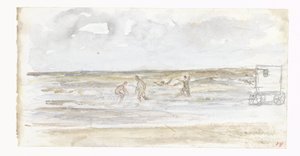 Kąpiący się w morzu i bryczka plażowa autorstwa Jozef Israëls