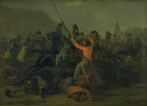 Upadek pułkownika Boncke Bönnichsena 6 grudnia 1813 r. podczas pojedynku jutlandzkich dragonów i kozaków autorstwa Jørgen V. Sonne