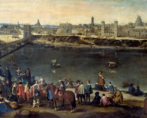 Widok miasta Saragossa (Saragossa) w 1646 Szczegół przedstawiający dżentelmenów i kupców wzdłuż rzeki. Obraz Juana Bautisty del Mazo (1612-1667) 1646 Madryt, Muzeum Prado