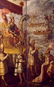 Montezuma, fragment spotkania Cortesa i Montezumy, ekran przypisywany Juanowi Correi (1645-1716), olej na płótnie, 250x600 cm autorstwa Juan Correa