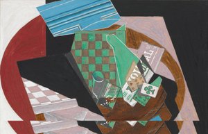 Szachownica i karty do gry, 1915 (gwasz, grafit i żywica na kremowym papierze plecionym, przymocowane do tektury) autorstwa Juan Gris