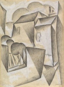 Domy w Paryżu, Place Ravignan, 1911 (czarna kreda i gwasz na białym papierze) autorstwa Juan Gris