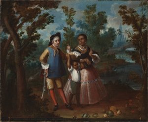 X. Od Hiszpana i powrót do tyłu, trzymaj się zawieszony w powietrzu (X. De español y torna atrás, tente en el aire), ok. 1760 autorstwa Juan Patricio Morlete Ruiz