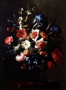 Irysy, piwonie, powoje i inne kwiaty w urnie na postumencie autorstwa Juan de Arellano