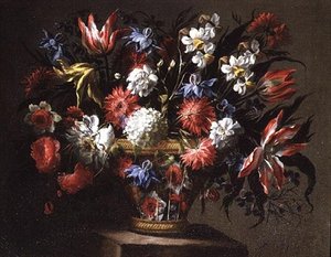 Martwa natura z tulipanów, żonkili i innych kwiatów w koszyku