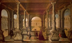 Filip IV i jego królowa w kolumnadzie, ok. 1630 r. (olej na płótnie) autorstwa Juan de la Corte