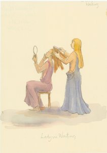 Średniowieczna dama czekająca, czesząca włosy damy, 2004. autorstwa Judith Dobie