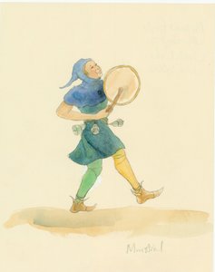 Średniowieczny minstrel grający na instrumencie perkusyjnym, prawdopodobnie taborze, 2004.