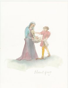 Średniowieczna kartka pomagająca kobiecie umyć ręce, 2004. autorstwa Judith Dobie