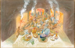 Wczesnośredniowieczna scena kuchenna (akwarela na papierze) autorstwa Judith Dobie