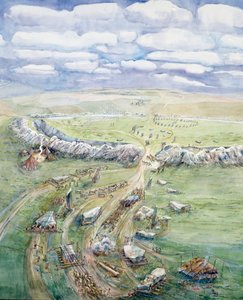 Avebury Henge w trakcie budowy (akwarela na papierze) autorstwa Judith Dobie