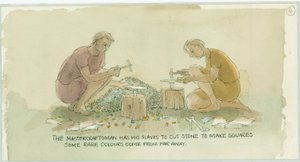 Dwie postacie tną kamień, aby zrobić małe kwadraty dla mozaiki, 2003. autorstwa Judith Dobie