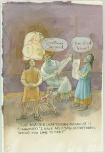 Dwie postacie rozmawiające z mistrzem rzemiosła i mozaiką, 2003. autorstwa Judith Dobie