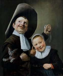 Chłopiec i dziewczynka z kotem i węgorzem, ok. 1635 (olej na dębie) autorstwa Judith Leyster